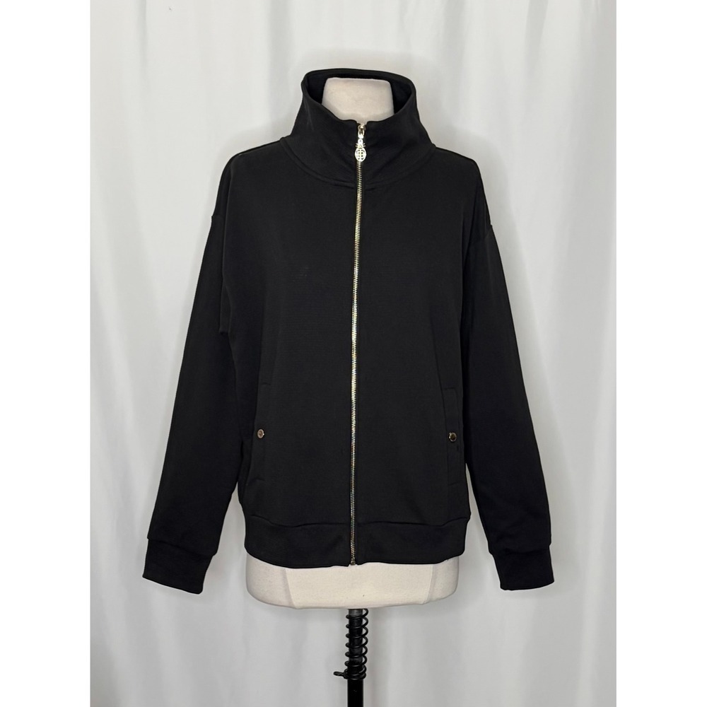 TOMMY BAHAMA Black Ribbed Knit Full Zip Jacket Gold Pineapple Hardware Medium - Picture 3 of 12